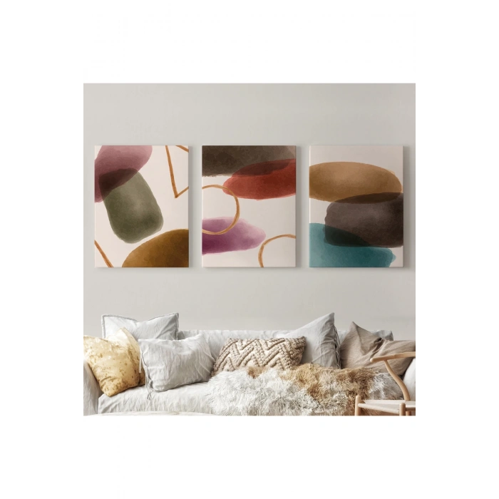 Suluboya Görünümlü Soyut Desenler  Duvar Tablosu Üçlü Set-EG-106