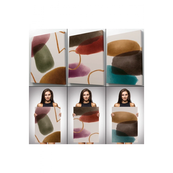 Suluboya Görünümlü Soyut Desenler  Duvar Tablosu Üçlü Set-EG-106