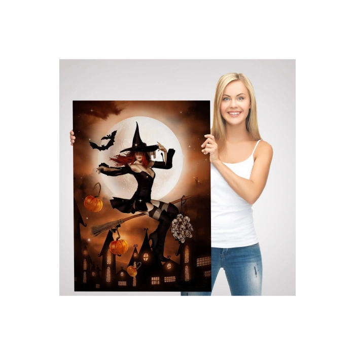 Süpürge ile Uçan Cadı, Cadılar Bayramı Hediyesi, Hellowen Tablo -6271