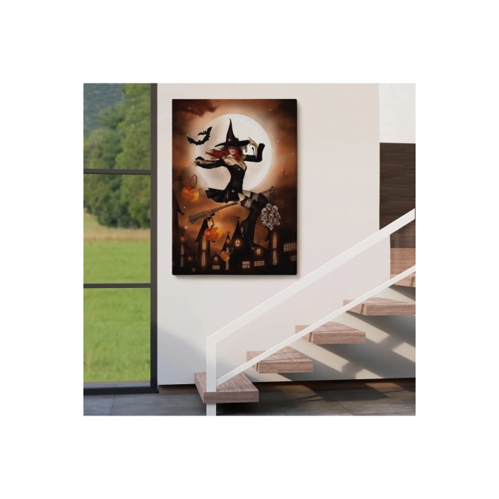 Süpürge ile Uçan Cadı, Cadılar Bayramı Hediyesi, Hellowen Tablo -6271