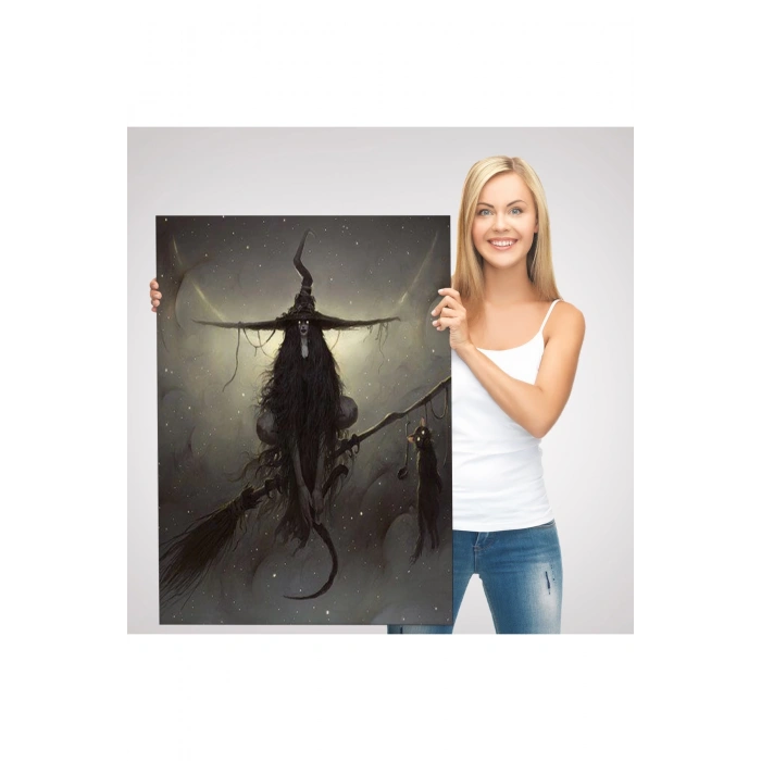 Süpürge ile Uçan Cadı ve Kedisi, Cadılar Bayramı Hediyesi, Hellowen Tablo -6287