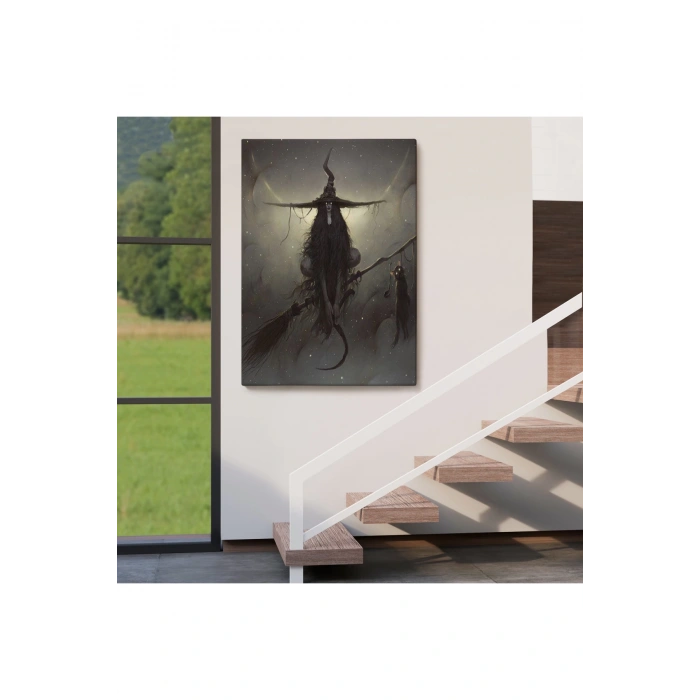 Süpürge ile Uçan Cadı ve Kedisi, Cadılar Bayramı Hediyesi, Hellowen Tablo -6287