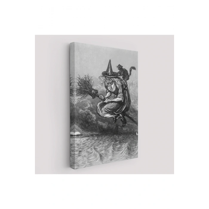 Süpürge ile Uçan Yaşlı Cadı ve Kedisi, Cadılar Bayramı Hediyesi, Hellowen Tablo -6304