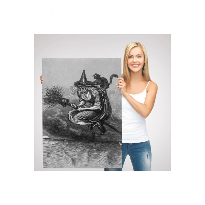 Süpürge ile Uçan Yaşlı Cadı ve Kedisi, Cadılar Bayramı Hediyesi, Hellowen Tablo -6304