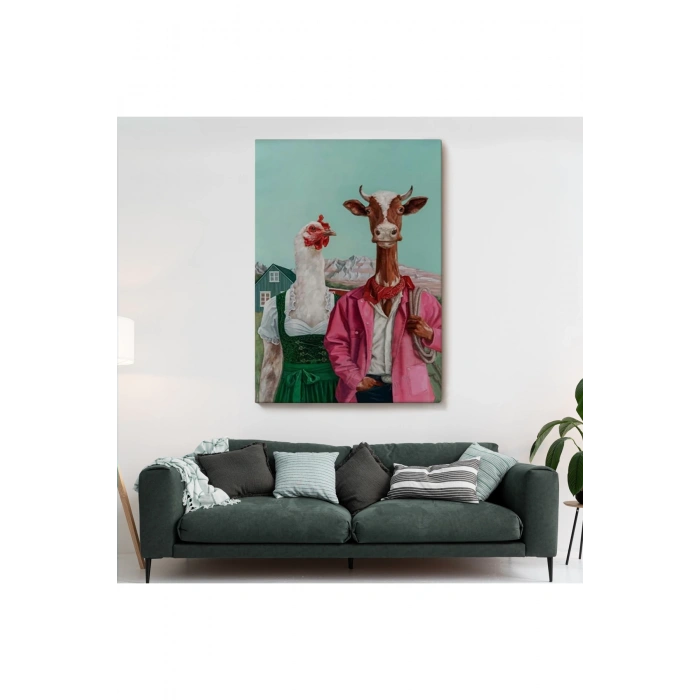 Tavuk ve İnek Amerikan Gotik Komik Çiftlik Tablosu-6349