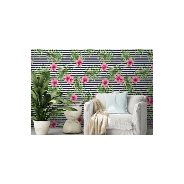 Tropikal Çiçekli Ağaç Yaprakları Duvar Kağıdı-5563