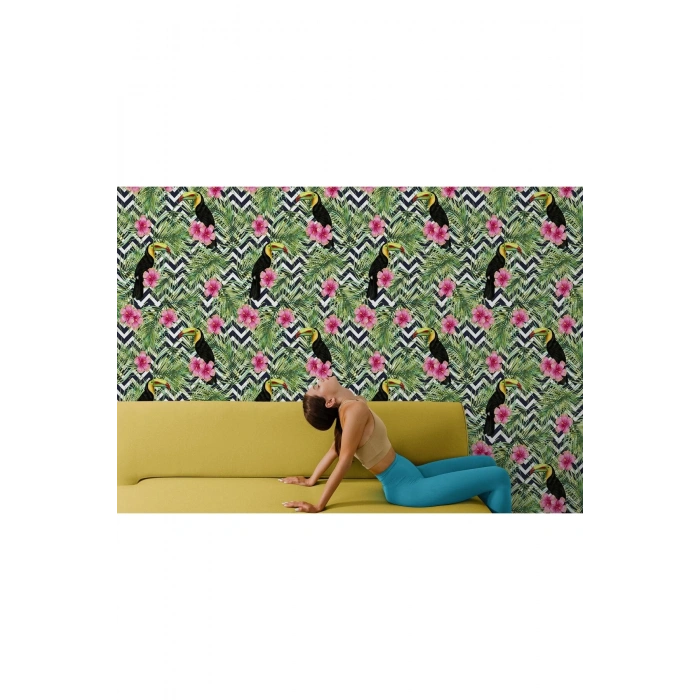 Tropikal Papağanlar Çiçekli Ağaç Yaprakları Duvar Kağıdı-5569