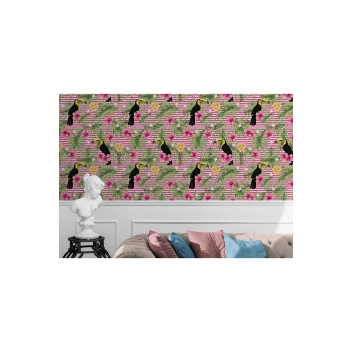 Tropikal Papağanlar Çiçekli Ağaç Yaprakları Duvar Kağıdı-5573