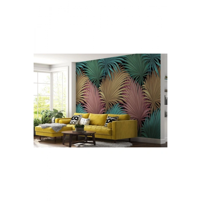 Tropikal Renkli Yaprak Desenli Duvar Kağıdı-5636