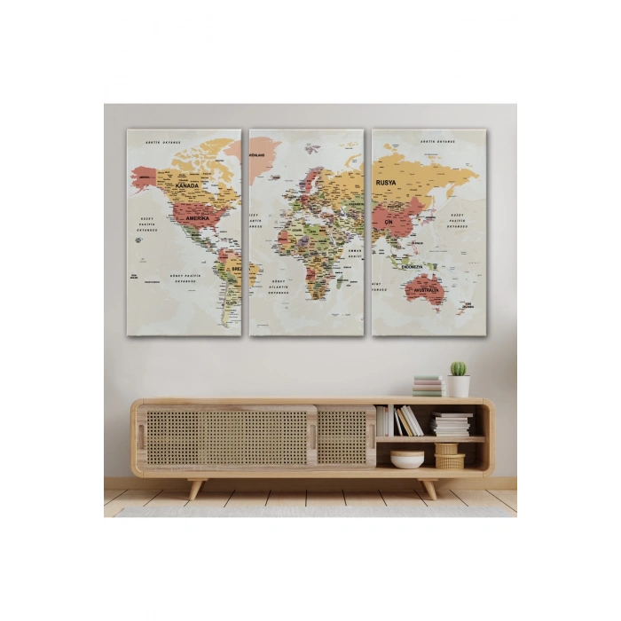 Türkçe Dünya Haritası Ayrıntılı Eğitici-Öğretici Okyanuslu Dekoratif Kanvas Tablo 2530