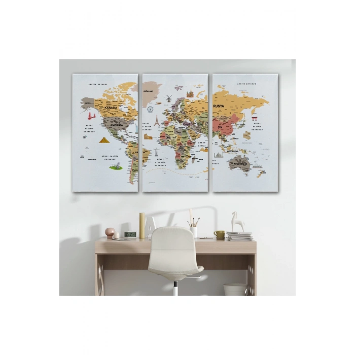Türkçe Dünya Haritası  Ayrıntılı Eğitici-Öğretici ve Sembollü Dekoratif Kanvas Tablo 3200