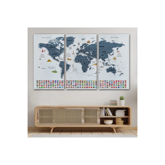 Türkçe Dünya Haritası Ayrıntılı Eğitici  Sembollü Bayraklı Dekoratif Kanvas Tablo 2842