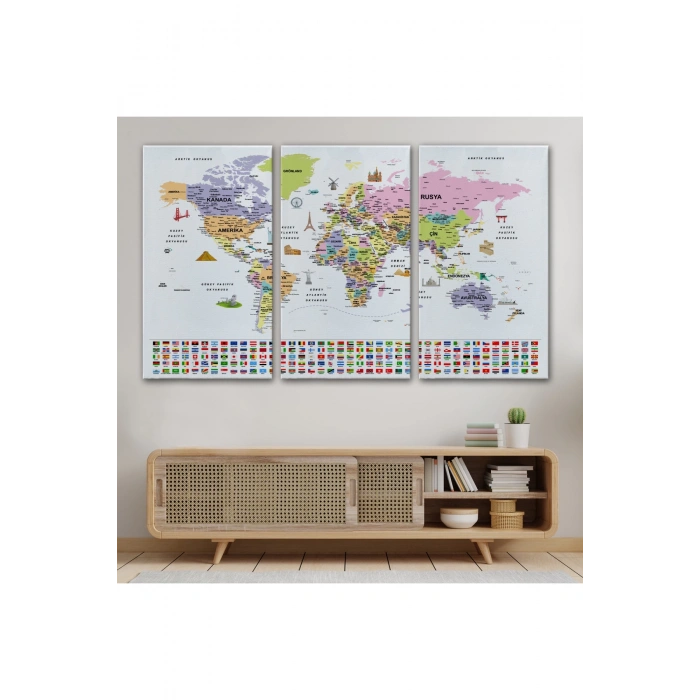 Türkçe Dünya Haritası Ayrıntılı Eğitici  Sembollü Bayraklı Dekoratif Kanvas Tablo 2846