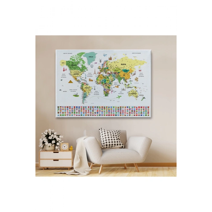 Türkçe Dünya Haritası Ayrıntılı Eğitici  Sembollü Bayraklı Dekoratif Kanvas Tablo 2848