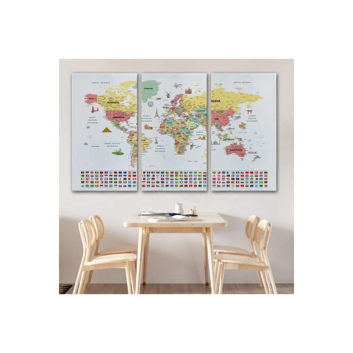 Türkçe Dünya Haritası Ayrıntılı Eğitici  Sembollü Bayraklı Dekoratif Kanvas Tablo 2864