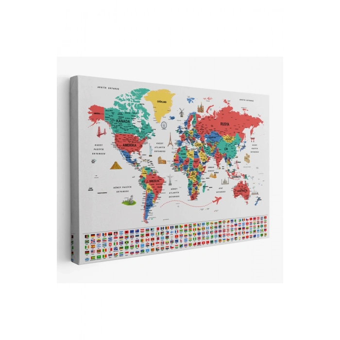 Türkçe Dünya Haritası Ayrıntılı Eğitici  Sembollü Bayraklı Dekoratif Kanvas Tablo 2866