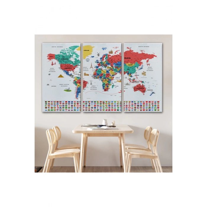 Türkçe Dünya Haritası Ayrıntılı Eğitici  Sembollü Bayraklı Dekoratif Kanvas Tablo 2866