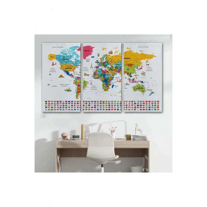 Türkçe Dünya Haritası Ayrıntılı Eğitici  Sembollü Bayraklı Dekoratif Kanvas Tablo 2868