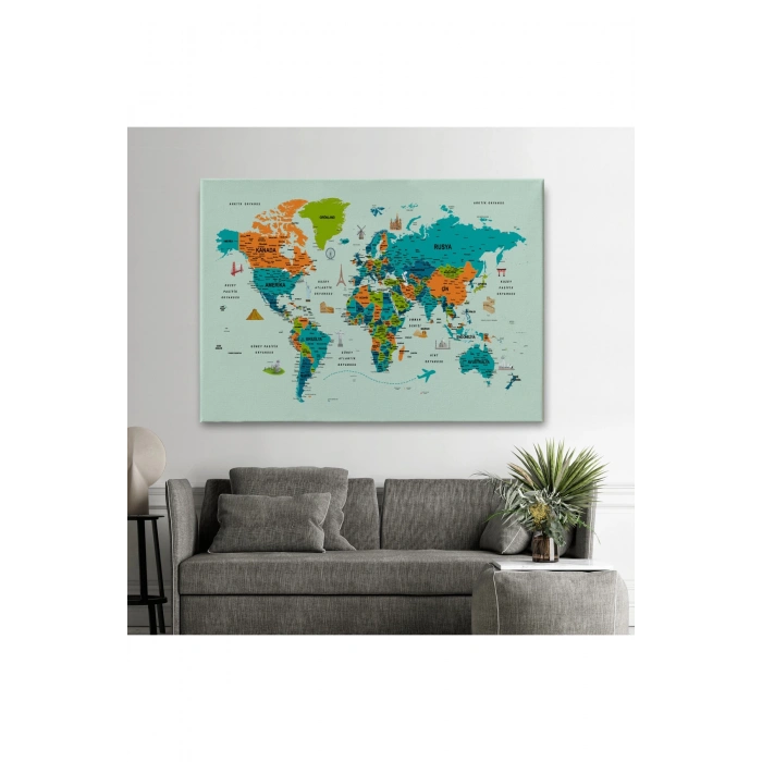Türkçe Dünya Haritası Çok Detaylı Ünlü Yerler Sembollü Kanvas Tablo 1749