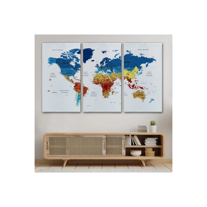 Türkçe Dünya Haritası Dekoratif Kanvas Tablo Son Derece Detaylı 1604