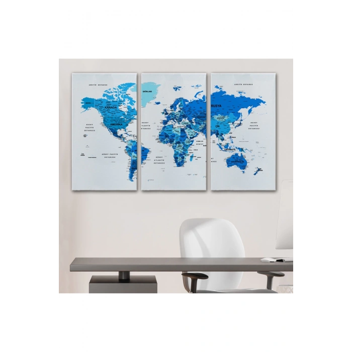 Türkçe Dünya Haritası Dekoratif Kanvas Tablo Son Derece Detaylı 1608