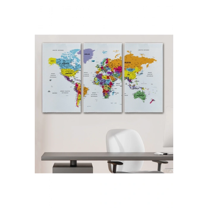 Türkçe Dünya Haritası Dekoratif Kanvas Tablo Son Derece Detaylı 1611