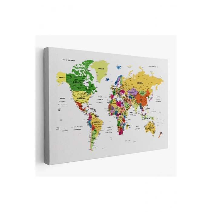 Türkçe Dünya Haritası Dekoratif Kanvas Tablo Son Derece Detaylı 1614