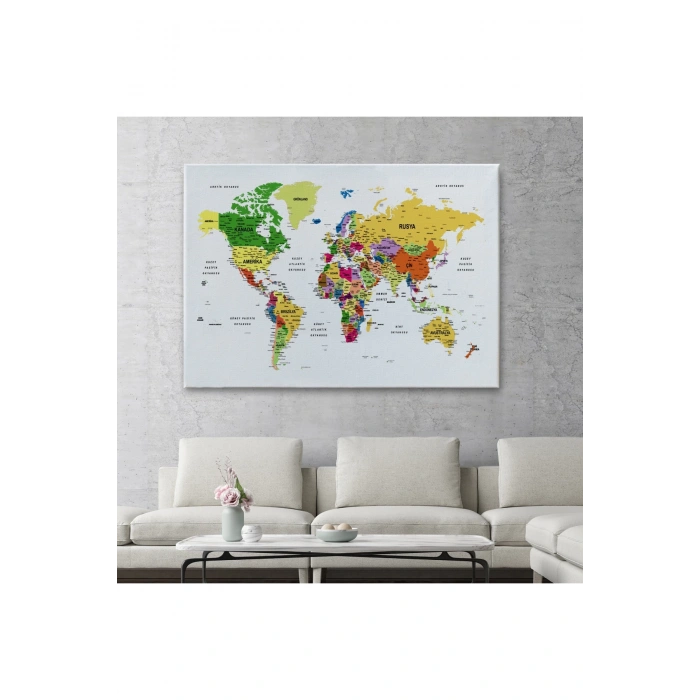 Türkçe Dünya Haritası Dekoratif Kanvas Tablo Son Derece Detaylı 1614