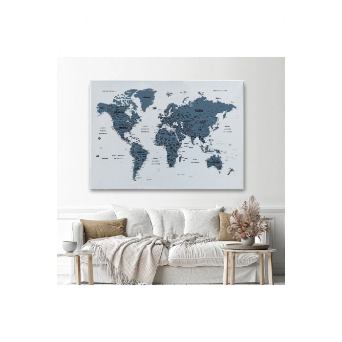 Türkçe Dünya Haritası Dekoratif Kanvas Tablo Son Derece Detaylı 1615