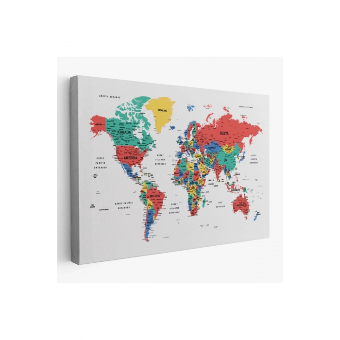 Türkçe Dünya Haritası Dekoratif Kanvas Tablo Son Derece Detaylı 1627