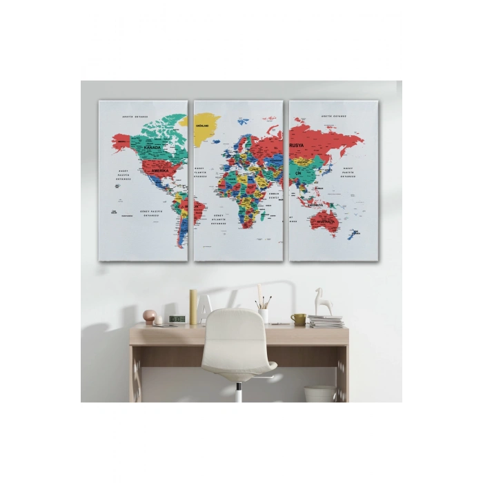 Türkçe Dünya Haritası Dekoratif Kanvas Tablo Son Derece Detaylı 1627