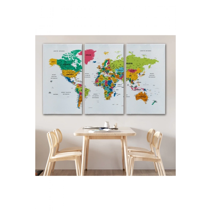 Türkçe Dünya Haritası Dekoratif Kanvas Tablo Son Derece Detaylı 1629
