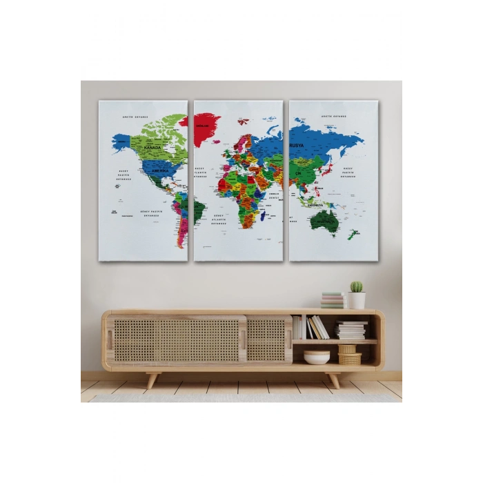 Türkçe Dünya Haritası Dekoratif Kanvas Tablo Son Derece Detaylı 1635