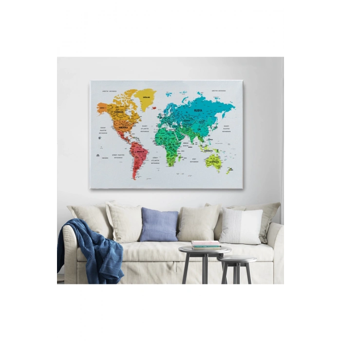 Türkçe Dünya Haritası Dekoratif Kanvas Tablo Son Derece Detaylı 1638