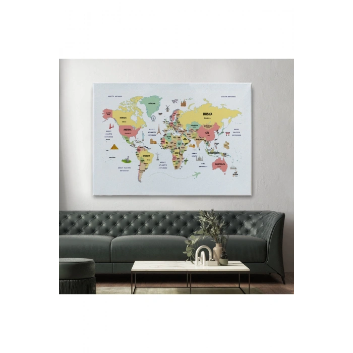 Türkçe Dünya Haritası Dekoratif Kanvas Tablo Ülke-Başkentli Öğretici ve Sembollü 2312