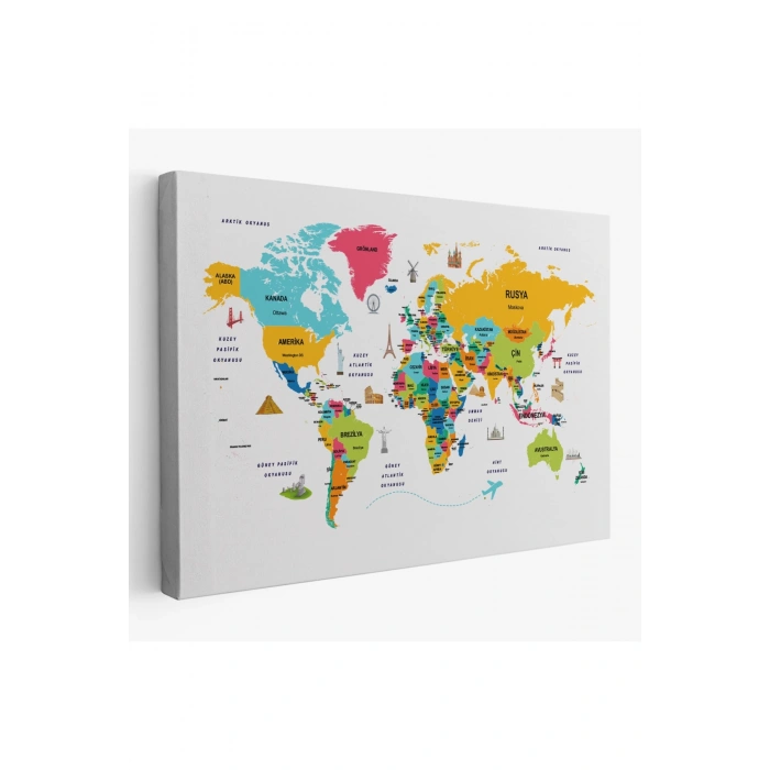 Türkçe Dünya Haritası Dekoratif Kanvas Tablo Ülke-Başkentli Öğretici ve Sembollü 2316
