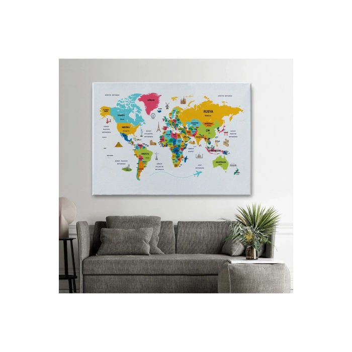 Türkçe Dünya Haritası Dekoratif Kanvas Tablo Ülke-Başkentli Öğretici ve Sembollü 2316