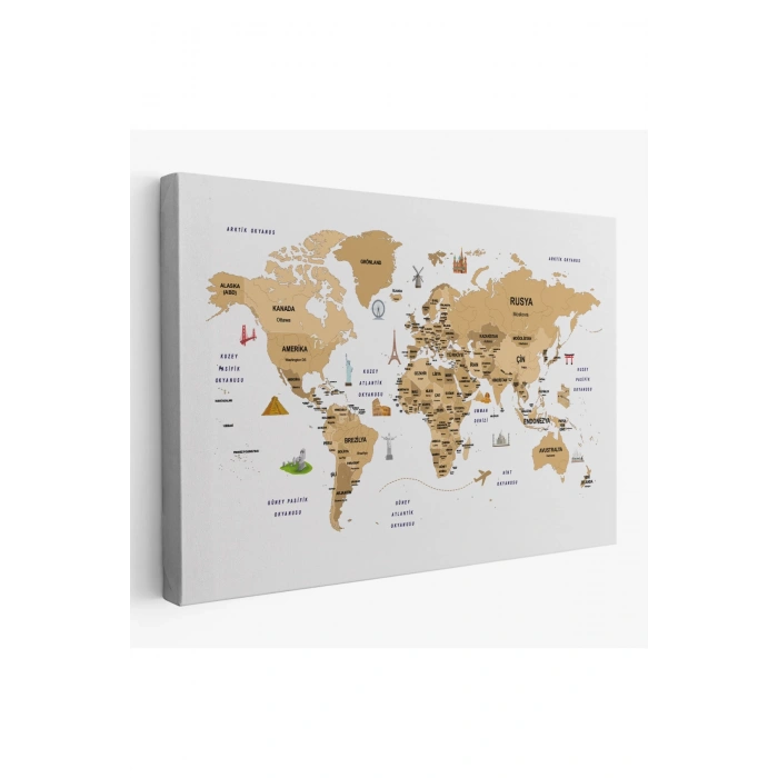 Türkçe Dünya Haritası Dekoratif Kanvas Tablo Ülke-Başkentli Öğretici ve Sembollü 2322