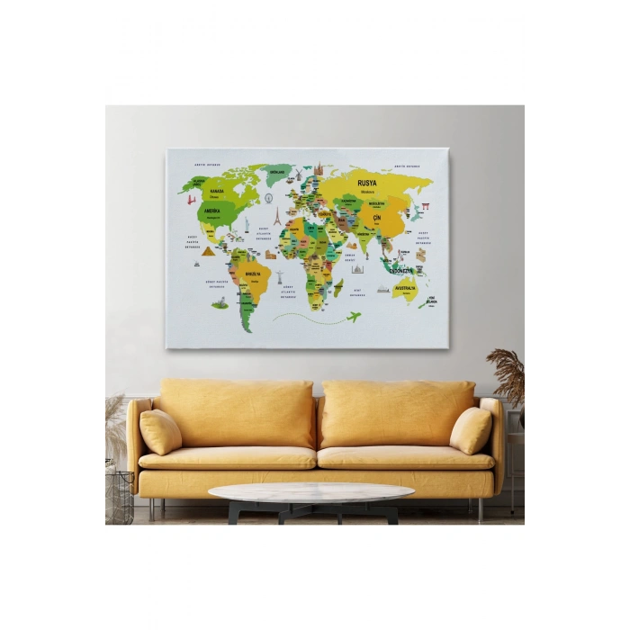 Türkçe Dünya Haritası Dekoratif Kanvas Tablo Ülke-Başkentli Öğretici ve Sembollü 2324