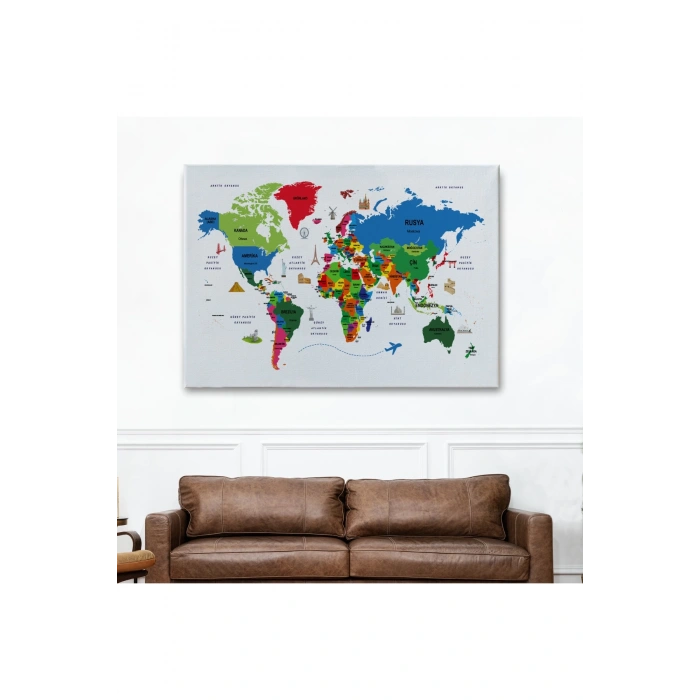Türkçe Dünya Haritası Dekoratif Kanvas Tablo Ülke-Başkentli Öğretici ve Sembollü 2330