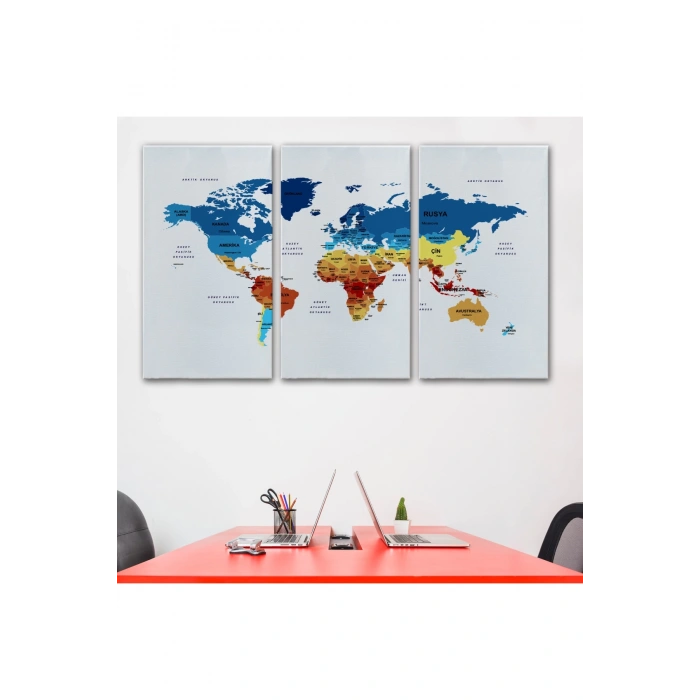 Türkçe Dünya Haritası Dekoratif Kanvas Tablo Ülke ve Başkentli 1492