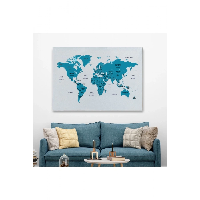 Türkçe Dünya Haritası Dekoratif Kanvas Tablo Ülke ve Başkentli 1502