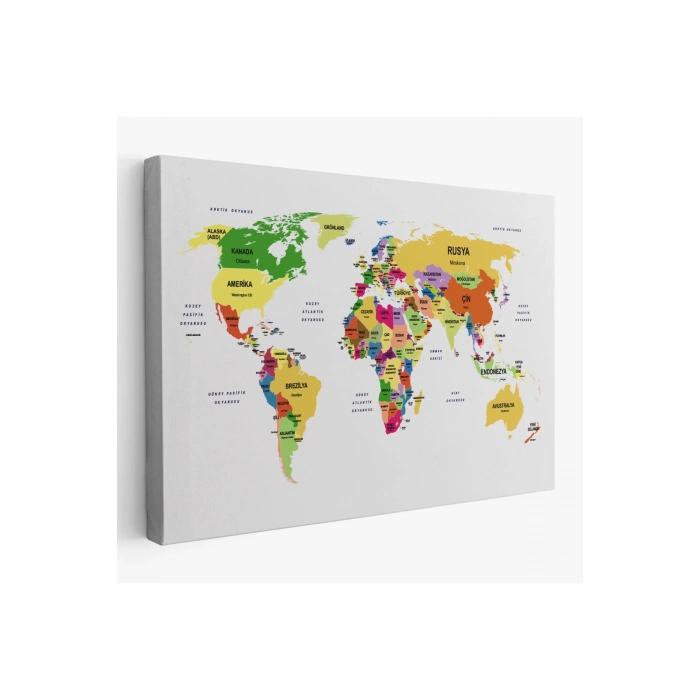 Türkçe Dünya Haritası Dekoratif Kanvas Tablo Ülke ve Başkentli 1512