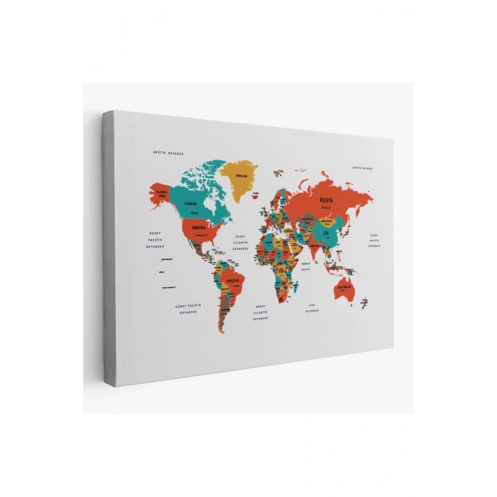 Türkçe Dünya Haritası Dekoratif Kanvas Tablo Ülke ve Başkentli 1516