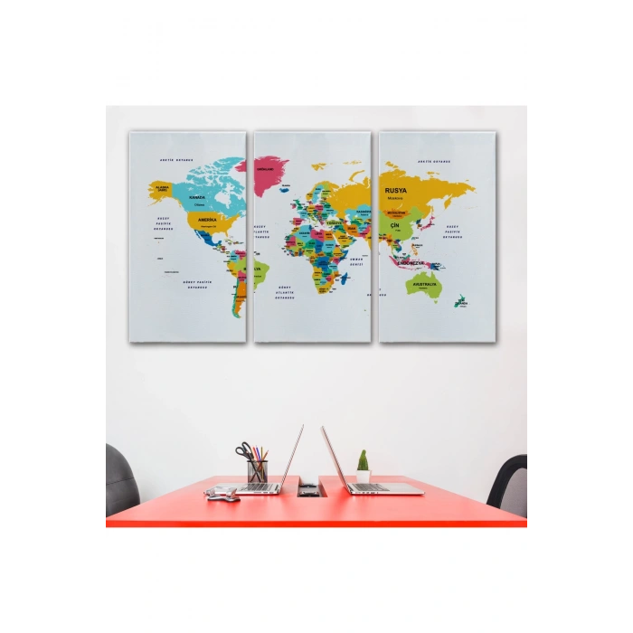 Türkçe Dünya Haritası Dekoratif Kanvas Tablo Ülke ve Başkentli 1542
