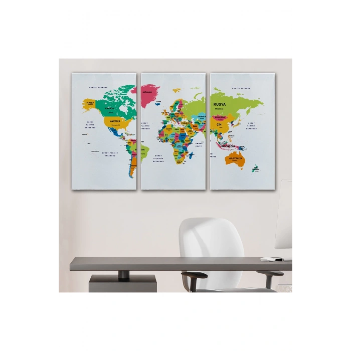 Türkçe Dünya Haritası Dekoratif Kanvas Tablo Ülke ve Başkentli 1544