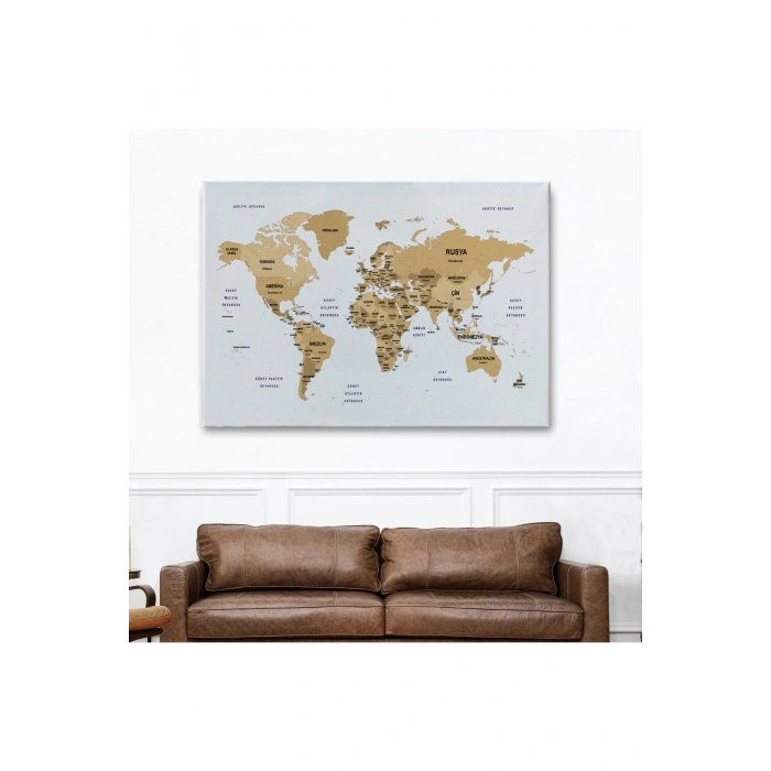 Türkçe Dünya Haritası Dekoratif Kanvas Tablo Ülke ve Başkentli 1548