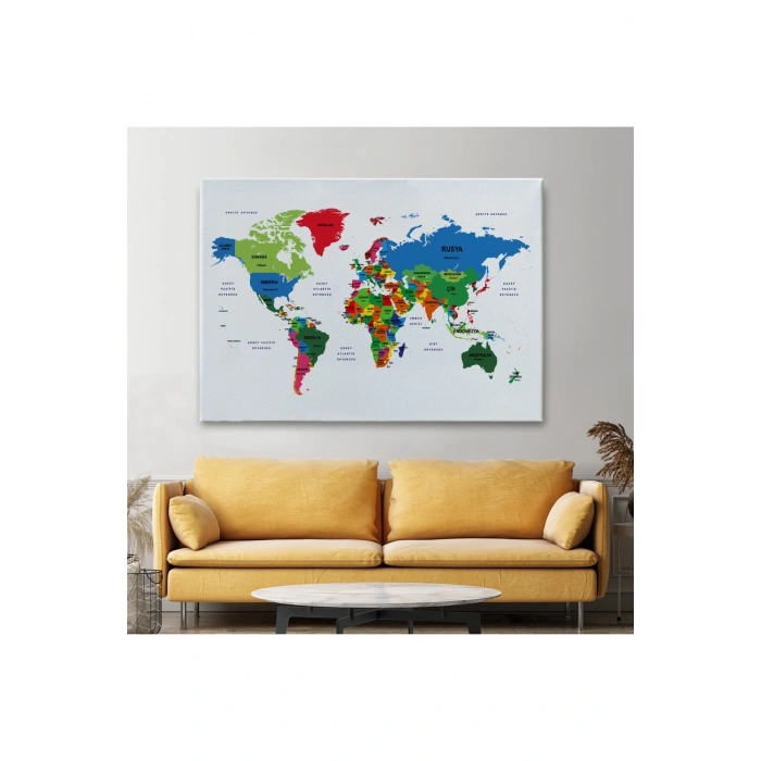 Türkçe Dünya Haritası Dekoratif Kanvas Tablo Ülke ve Başkentli 1556