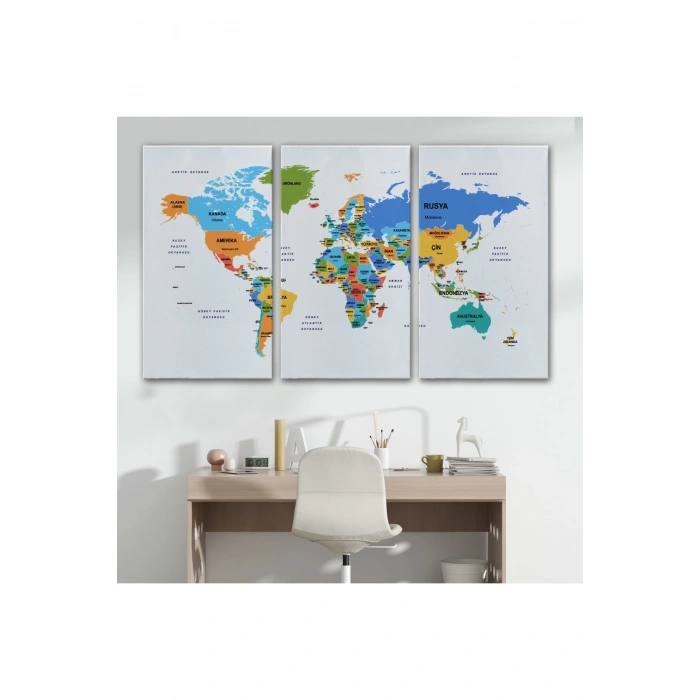Türkçe Dünya Haritası Dekoratif Kanvas Tablo Ülke ve Başkentli 1560