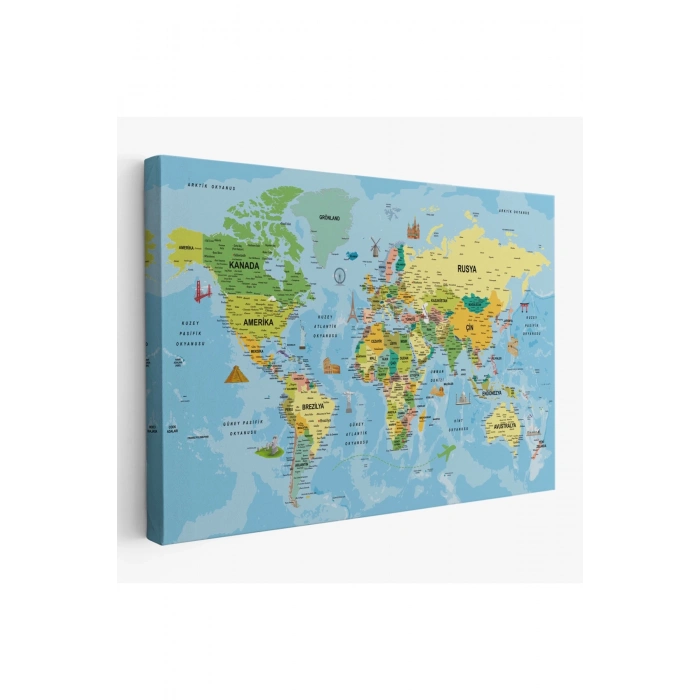 Türkçe Dünya Haritası Kanvas Tablo Son Derece Detaylı ve Dekoratif-1991